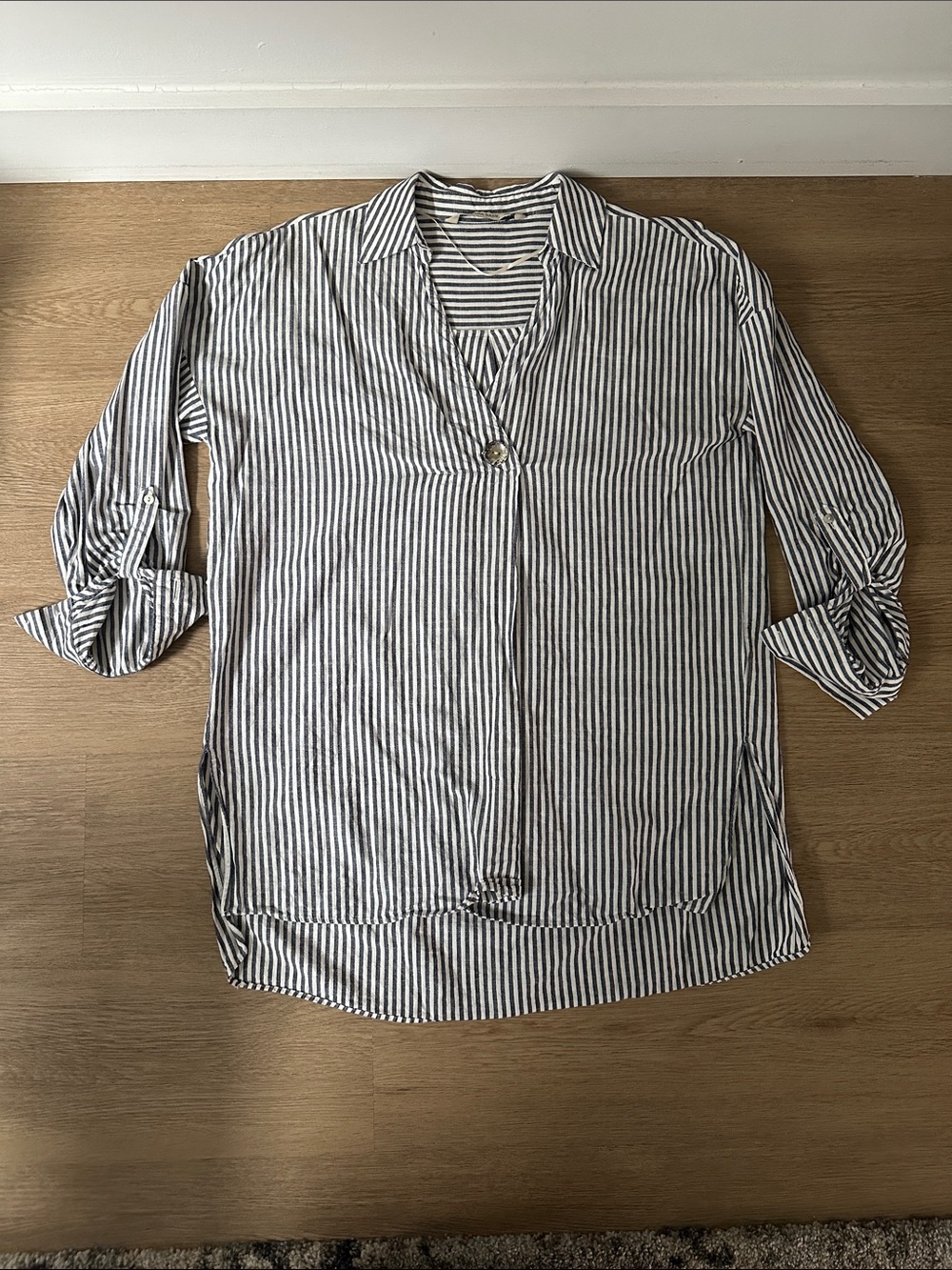 Zara Basic Collection White and Navy Striped Button-Accent Blouse